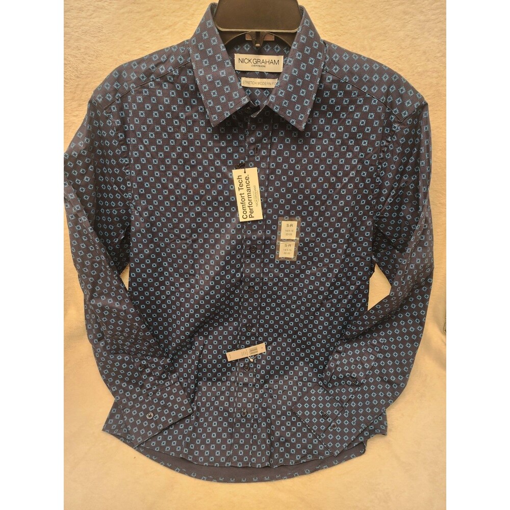 Nick Graham Blue Button Up Shirt  Stretch Modern Fit Long Sleeve Men S 14.5-15
